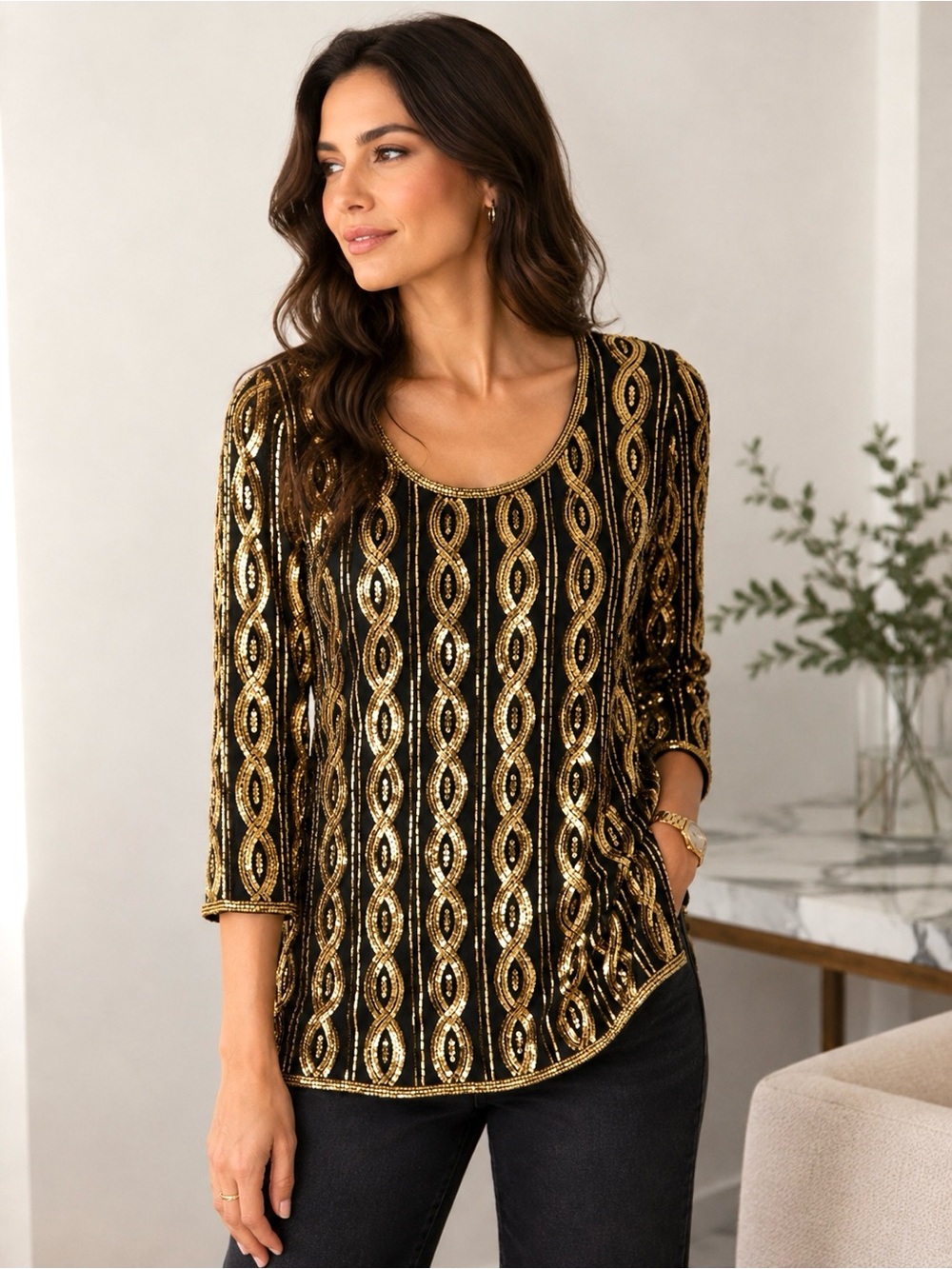 Stenay Vintage Silk Tunic Blouse Top Beaded Sequin Black Gold